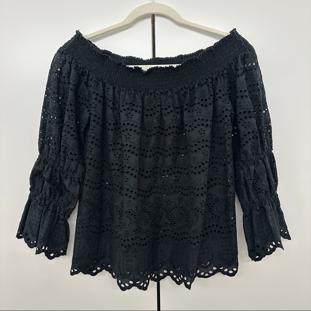 LoveShackFancy Black Cotton Eyelet Off-the-Shoulder Blouse Top Sz Small